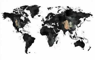 Illustrated map of the world with a isolated background. Black watercolor