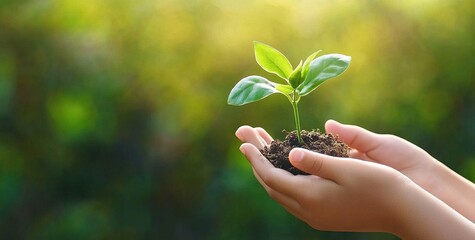 hand children holding young plant with sunlight on green nature background. concept eco earth day
