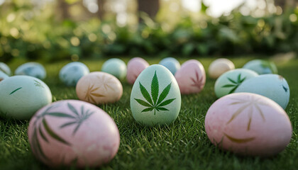 Generated image of Vibrant Easter eggs with cannabis leaf patterns on green grass. Focus on one egg with a green leaf
