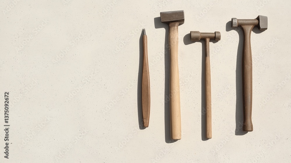 Fototapete four wooden hammers arranged in a row on a plain white background. the hammers are of different size