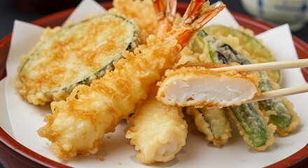Golden tempura seafood and vegetables plate warm light. AI Generated