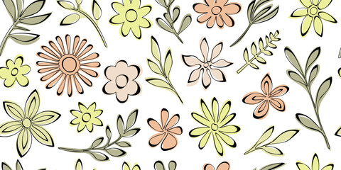 Hand drawn plant elements, flowers and leaves, vector design
