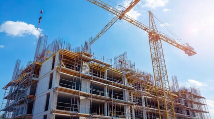 Towering crane oversees construction of modern building against bright sky