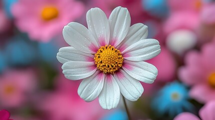 Obraz premium Delicate White Cosmos Flower in a Pink and Blue Garden