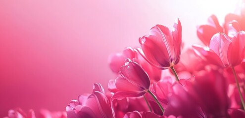 Pink tulips on a pink background with copy space for an International Women's Day, Mother's Day, or Valentine's Day banner design.