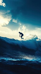 Silhouette of surfer riding large ocean wave.