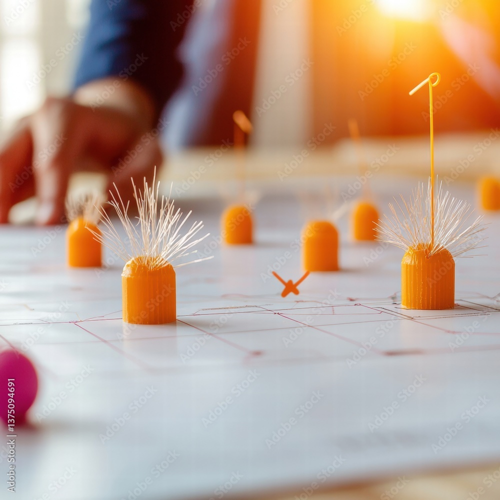 Poster creative individual constructing a detailed model of a building with tools and materials present