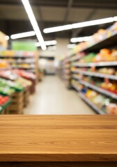 Fototapeta premium Empty wooden table top supermarket background. AI Generated