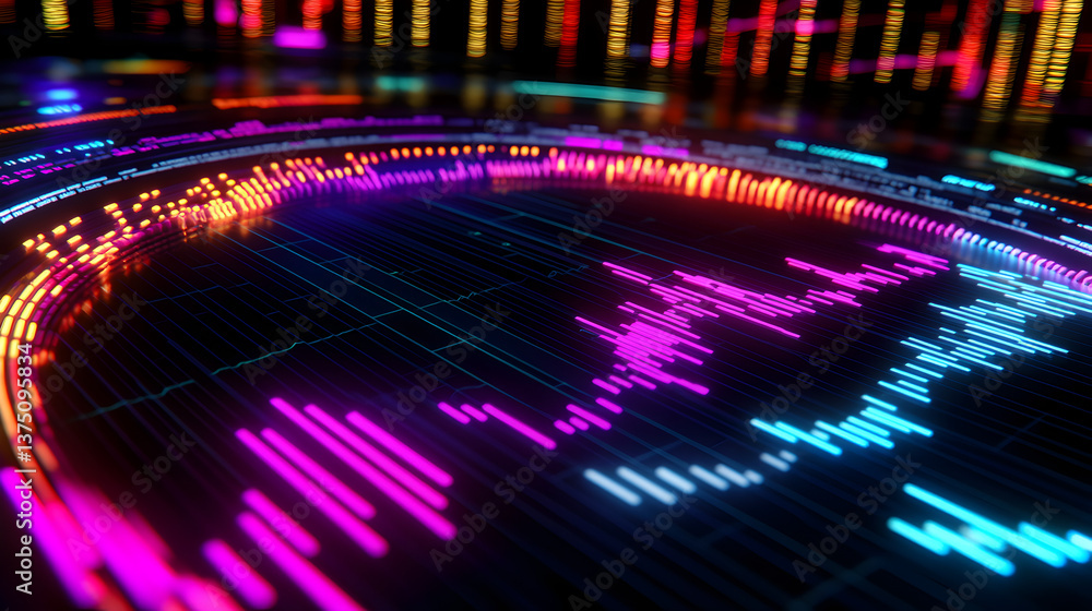 Poster vibrant neon audio spectrum visualizer displaying dynamic sound waves perfect for music technology o