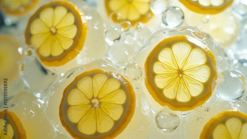 Poster close group lemon slices floating pool water lemon slices arranged circular pattern overlapping wate