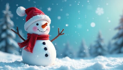 A cheerful snowman standing in a winter wonderland with a clear blue sky and snowflakes gently falling around it , happy snowman, snowflakes