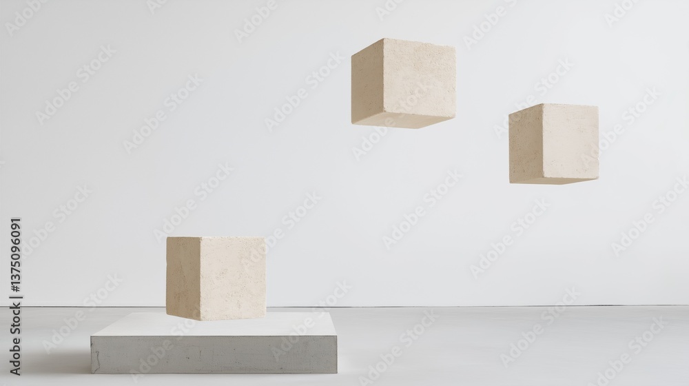 Poster three white cubes floating in the air against a plain white wall. the cubes are arranged in a triang