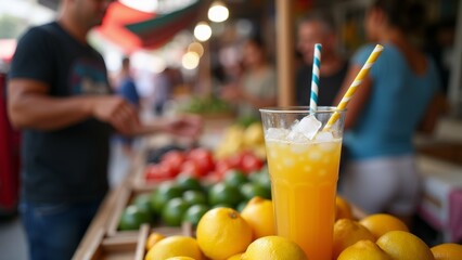 glass orange juice two blue white striped straws top glass placed wooden table bunch lemons front background people market stall various fruits vegetables display stall appears slightly blurred seems