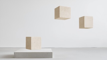 Three white cubes floating in the air against a plain white wall. the cubes are arranged in a triangular formation, with the largest cube in the center and two smaller cubes on either side.