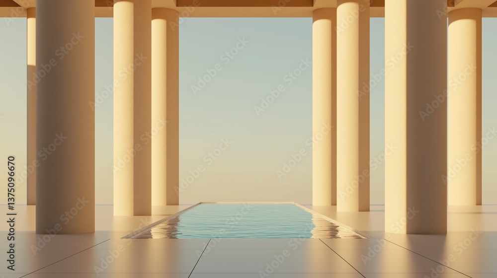 Fototapete empty room with a long, rectangular pool in the center. the pool is surrounded by six tall, beige co