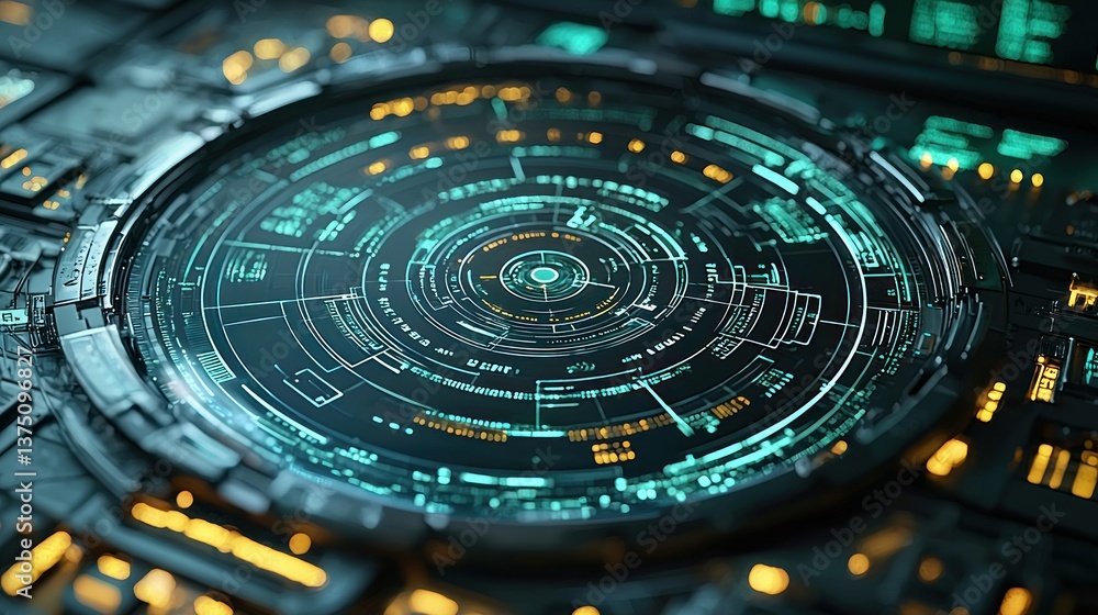 Poster futuristic technological interface: a close-up of a high-tech circular display