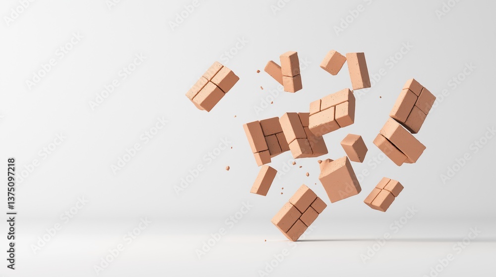Poster group of small, square-shaped bricks falling from the sky. the bricks are arranged in a scattered ma