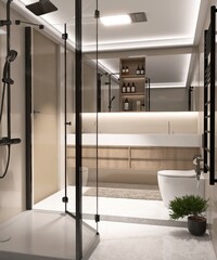 Luxury beige cream bathroom, modern toilet bowl, washbasin on cabinet counter, glass partition and rain shower enclosure on white marble floor tile. Interior design decoration background 3D
