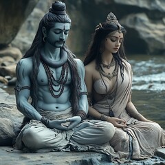 Shiva with Shakti, meditation, rocks, and river.