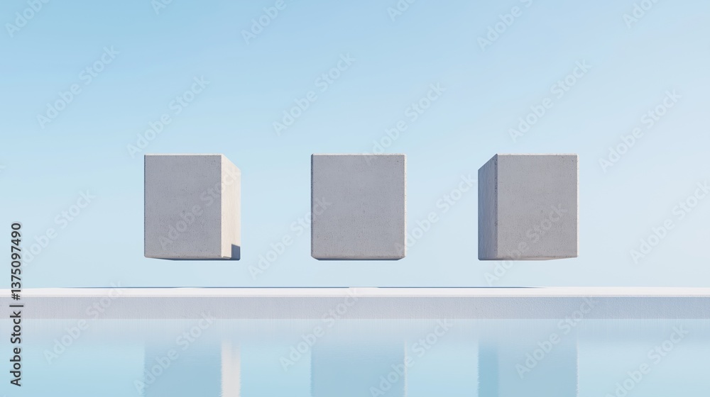 Poster three white cubes arranged in a triangular formation on a blue background. the cubes are of differen