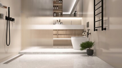 Luxury beige cream bathroom, modern toilet bowl, washbasin on cabinet counter, reeded glass...
