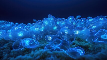 Fototapeta premium Bio-luminescent sea creatures cluster on ocean floor.