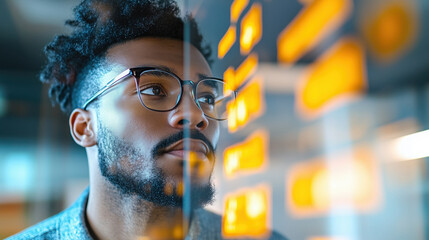 focused software developer analyzing glowing data on futuristic screen