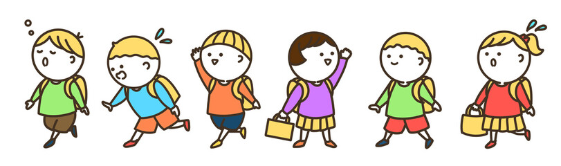 登校、下校している子供たちのシンプルイラスト　カラー