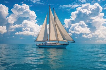 Fototapeta premium Tranquil Sailboat on Azure Sea Under Billowy Clouds in Sunny Harmony