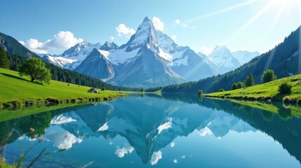 Fototapeta premium Serene Mountain Lake Reflecting Majestic Peaks Under a Bright Sky