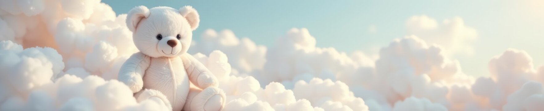 - Soft white teddy bear on fluffy clouds background for baby shower, celebration, adorable