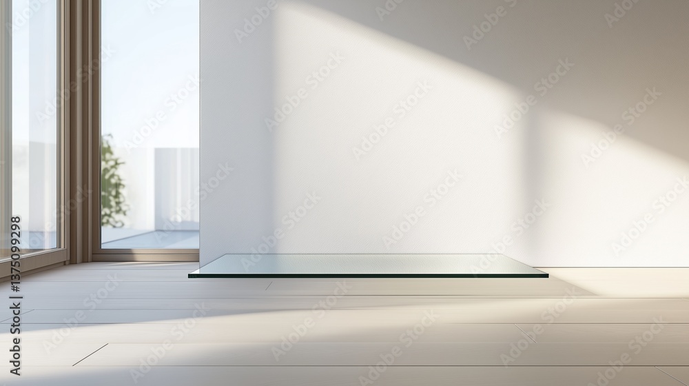 Poster empty room with a large window on the left side. the window has a sliding glass door that leads to a