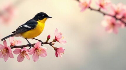A vibrant yellow and black bird perched delicately on a blossoming branch, showcasing the beauty of spring's arrival.