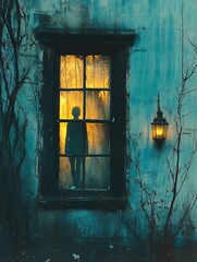 Silhouette in lit window with old house.
