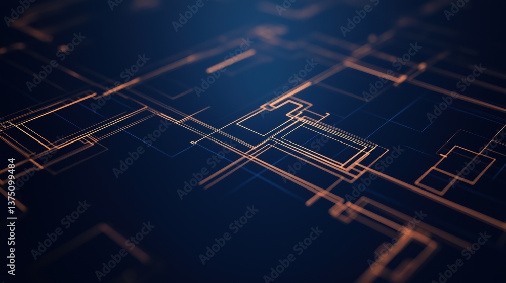 Poster close-up of a dark blue background with a pattern of orange lines and squares. the lines are arrange