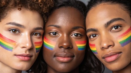 Fototapeta premium Three women with rainbow face paint express solidarity and pride, showcasing diversity and unity in a vibrant celebration.