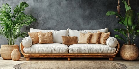 Tropical Modern Living Room Interior with White Couch, Woven Rug, and Plants
