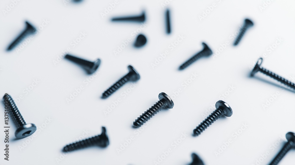Poster group of small black screws scattered on a white surface. the screws are of different sizes and shap