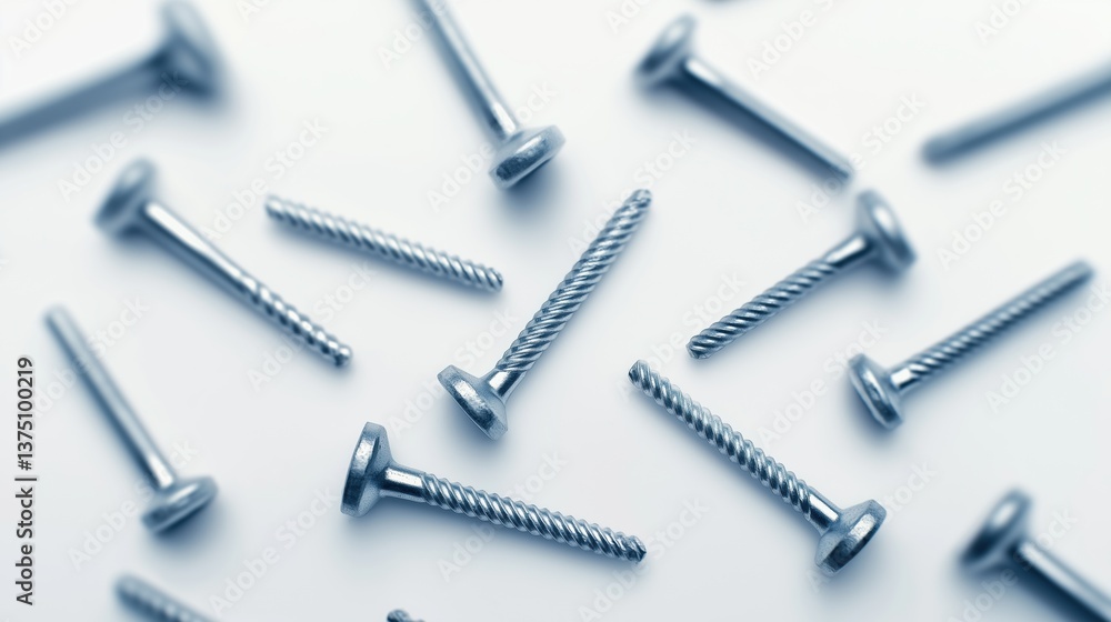 Poster group of small, silver-colored screws scattered on a white surface. the screws appear to be of diffe