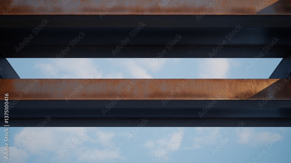 Poster close-up of a metal structure with a blue sky and white clouds in the background. the structure appe