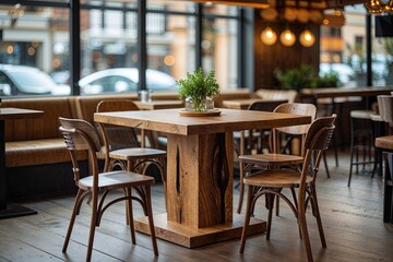 Fototapeta premium Modern Square Oak Table in a Flooded-Light Cafe Room with Warm Essence and Striking Wood Grain