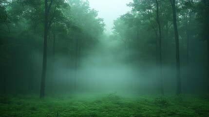 Fototapeta premium Enigmatic Foggy Forest Path: A Mystical Green Haven