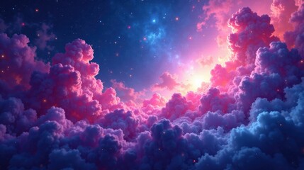 Fototapeta premium Celestial Dreamscape A Vivid Panorama of Pink and Purple Clouds Illuminated by a Radiant Starry Night