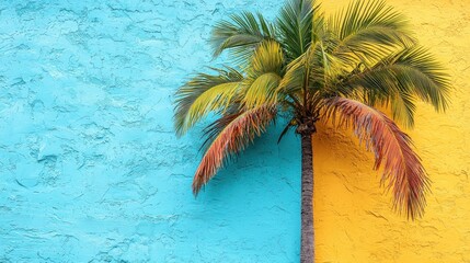 Vibrant Tropical Paradise: Palm Tree Against a Blue and Yellow Wall