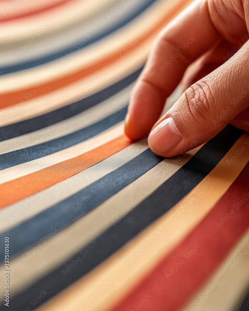 Poster close-up of a person's hand resting on a striped table cloth to highlight texture and design element
