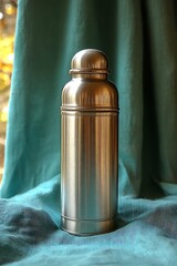 Silver thermos with teal backdrop.