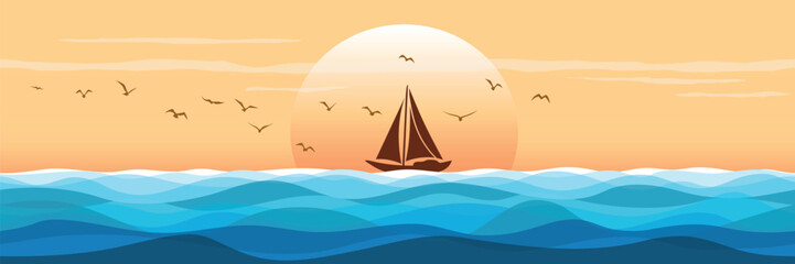 Fototapeta premium Minimalistic seascape, stylized sea sunset, sailboat and setting sun, vector illustration