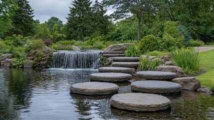 Serene Stone Steps Leading to a Cascading Waterfall in a Lush Garden