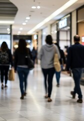 Blurry shoppers stroll bright modern mall hallway. AI Generated