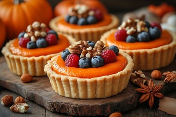 Pumpkin tarts with berries, and autumn treats.